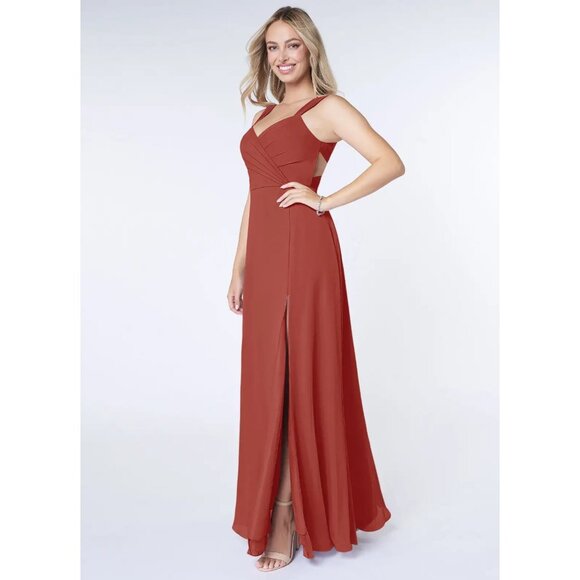 Wedding Guest Rust Sleeveless Evening Gown With Side Slit & Open Back Design - Picture 12 of 13